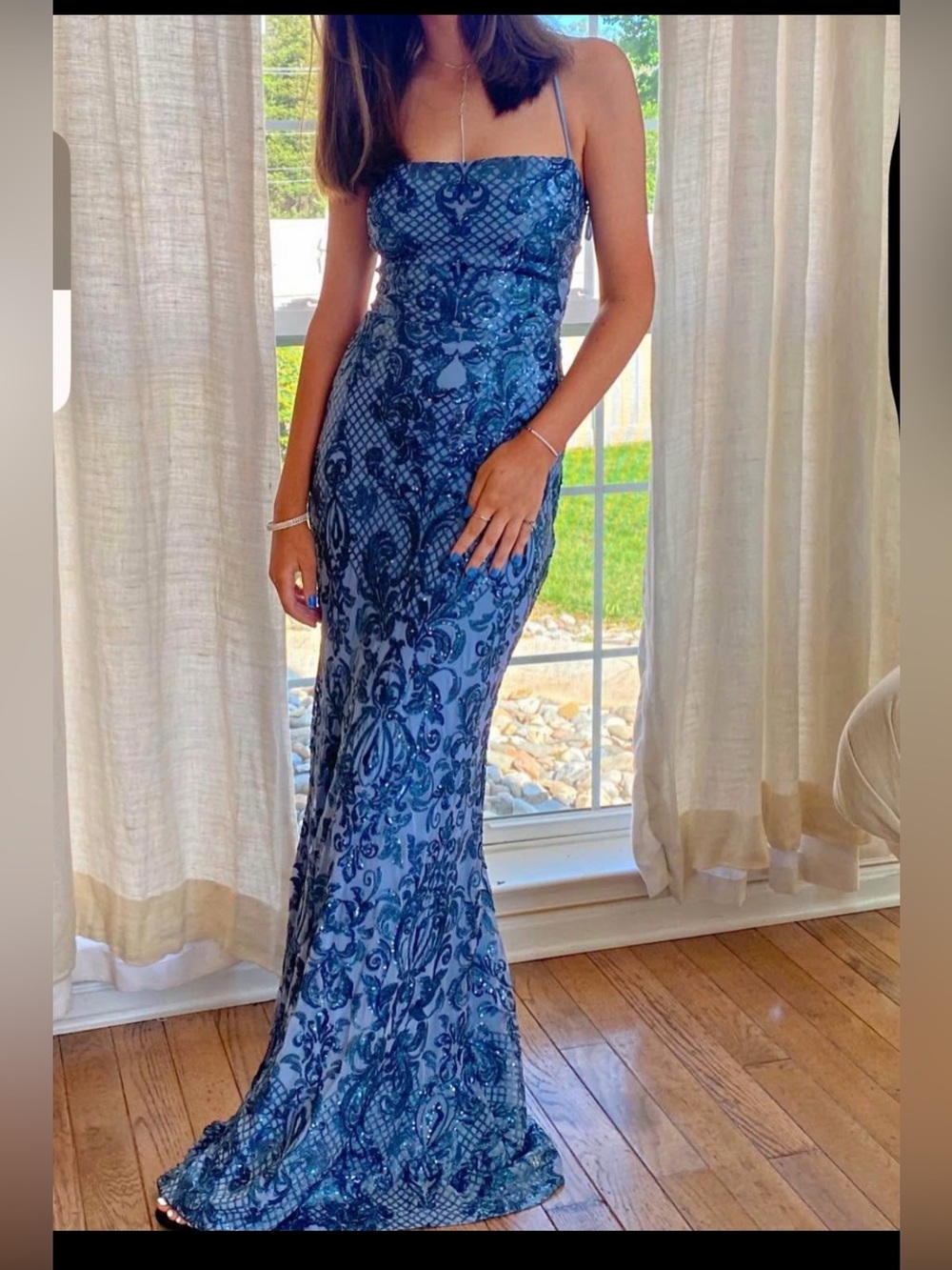 Windsor Navy Lace-Up Back Sequined Evening Dress